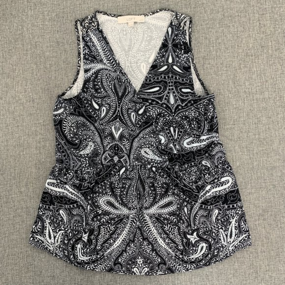 LOFT Paisley Print Blouse Black White Small Petite Elastic Cinched Waist Relaxed